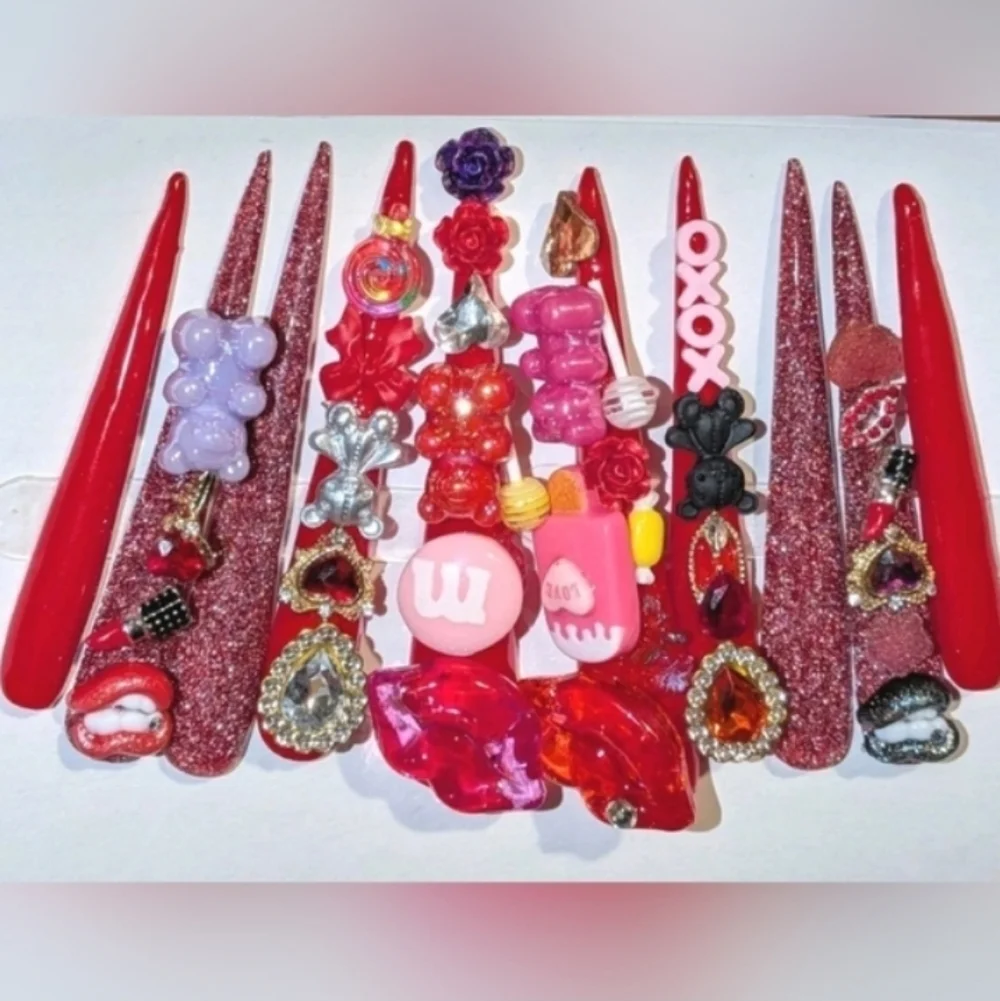Red and Pink Decorative 4xl Acrylic Press On Nail Set Sz Medium